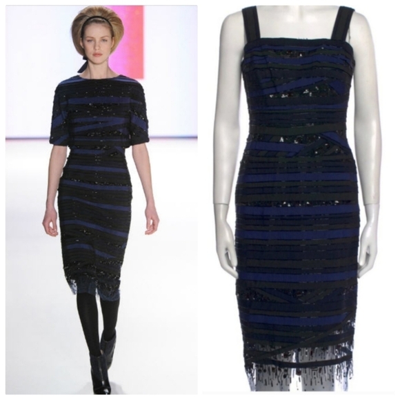 Carolina Herrera Grosgrain Beaded Sequin Navy/Black Cocktail Midi Dress Fall 12' - Picture 1 of 10